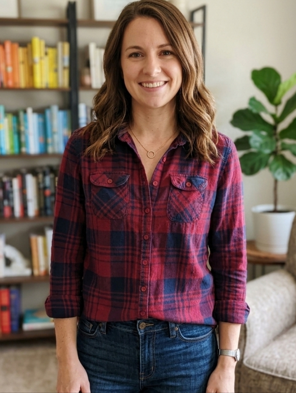 Women's Red & Navy Plaid Button-Down Shirt